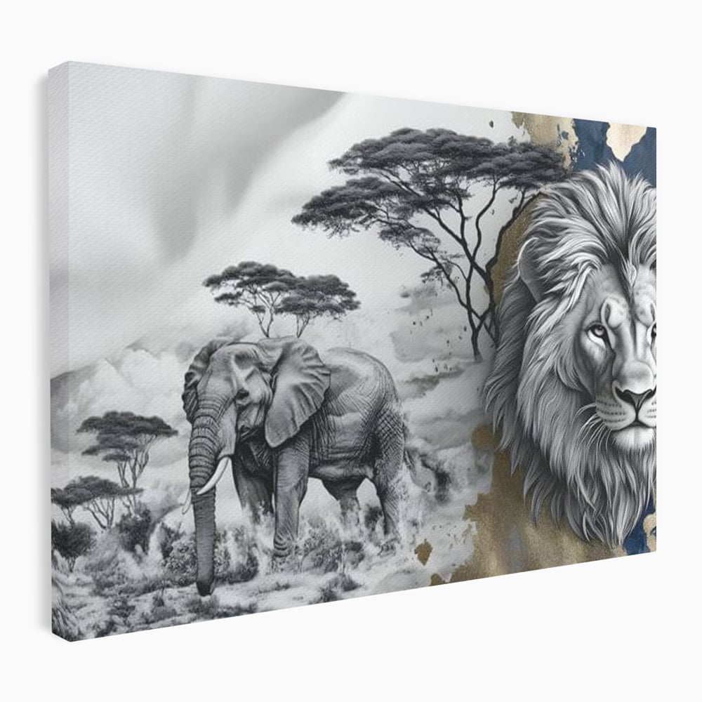 Tablou canvas cu tablou canvas cu leu si elefant, fara rama, pe sasiu de lemn